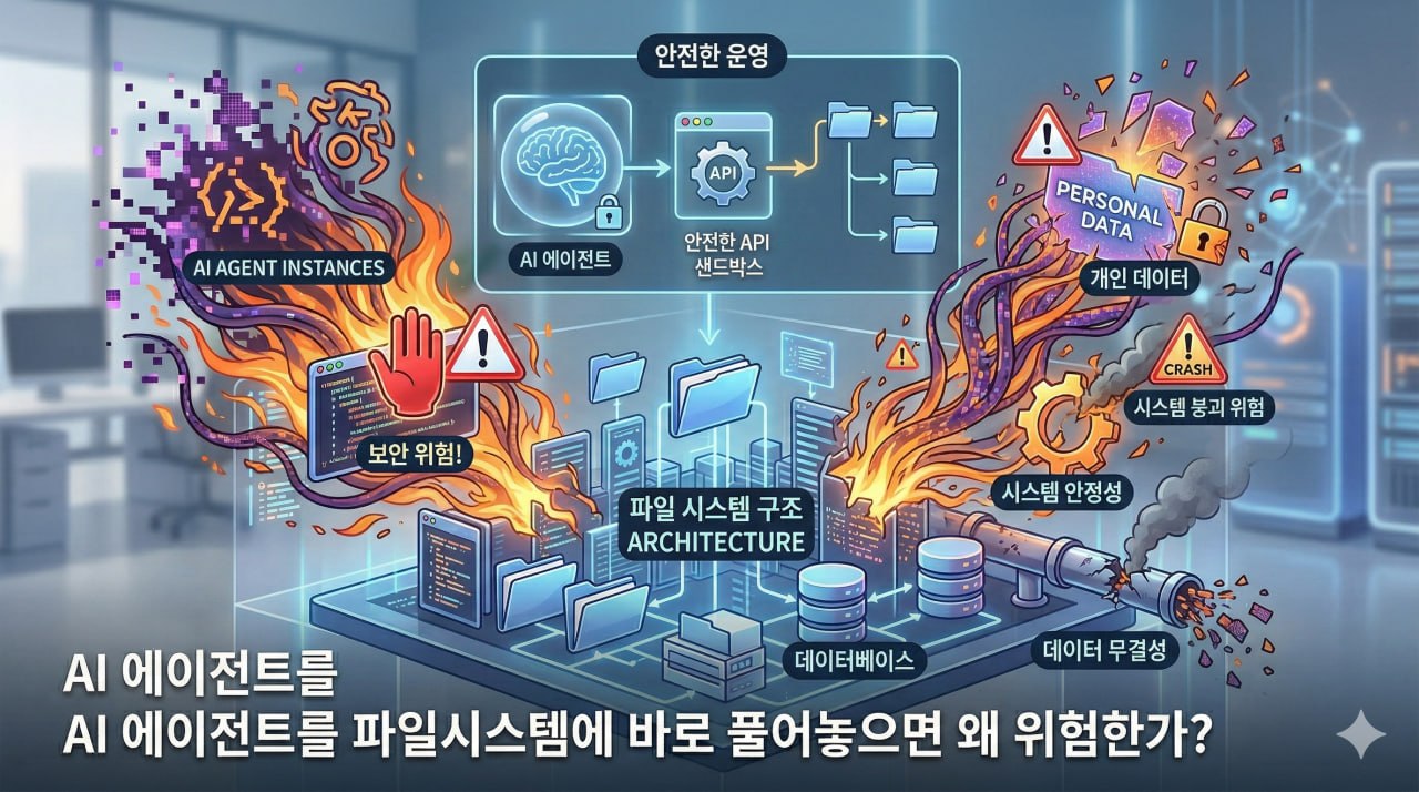 AI 에이전트를 파일시스템에 바로 풀어놓을 때의 위험을 설명하는 대표 이미지