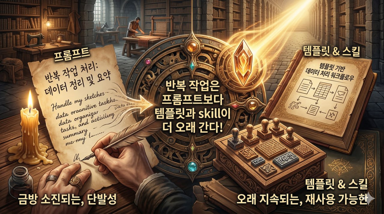 반복 작업에서 프롬프트보다 템플릿과 skill이 더 오래 간다는 점을 설명하는 대표 이미지